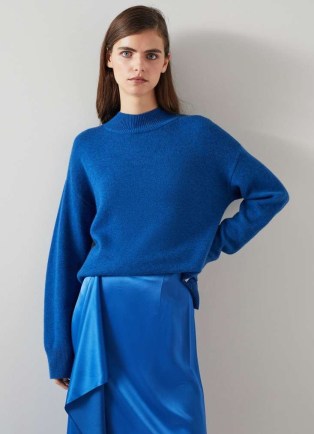 L.K. BENNETT Zoe Blue Sustainably Sourced Merino Blend Jumper – women’s relaxed fit high neck sweater – womens side slit turtleneck jumpers