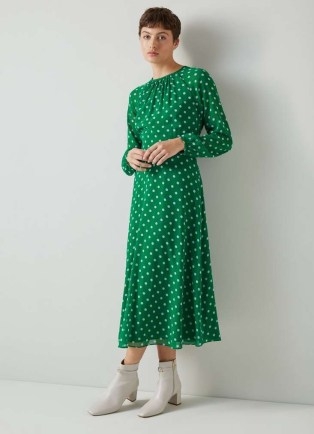 L.K. BENNETT Addison Green And Blue Spot Print Midi Dress – long sleeve polka dot dresses - flipped