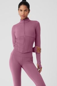 alo yoga AIRBRUSH CORSET FULL ZIP JACKET in Soft Mulberry ~ mauve fitted sports jackets ~ women’s light purple sportswear