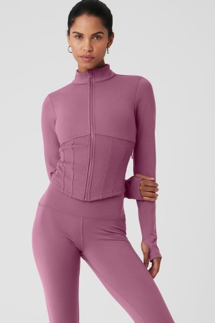 alo yoga AIRBRUSH CORSET FULL ZIP JACKET in Soft Mulberry ~ mauve fitted sports jackets ~ women’s light purple sportswear