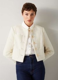 L.K. BENNETT Alexa Cream Recycled Cotton-Blend Italian Tweed Jacket ~ women’s classic collarless jackets – womens timeless clothing