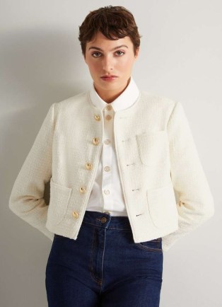 L.K. BENNETT Alexa Cream Recycled Cotton-Blend Italian Tweed Jacket ~ women’s classic collarless jackets – womens timeless clothing - flipped