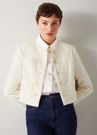 L.K. BENNETT Alexa Cream Recycled Cotton-Blend Italian Tweed Jacket ~ women’s classic collarless jackets – womens timeless clothing