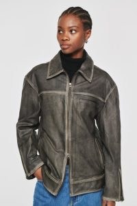 ALIGNE LEROY LEATHER JACKET in TARNISHED GREY ~ women’s collared zip front jackets