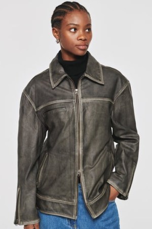 ALIGNE LEROY LEATHER JACKET in TARNISHED GREY ~ women’s collared zip front jackets - flipped