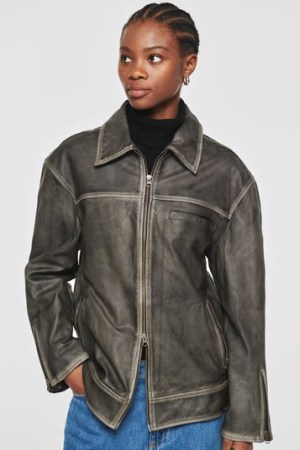 ALIGNE LEROY LEATHER JACKET in TARNISHED GREY ~ women’s collared zip front jackets