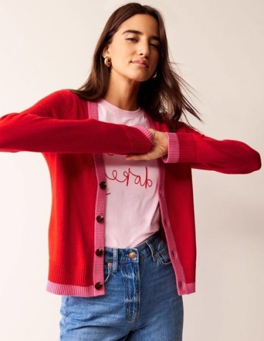 Boden Alma Contrast Trim Cardigan in Flame Scarlett, Sangria Sunset – red and pink trimmed cardigans - flipped