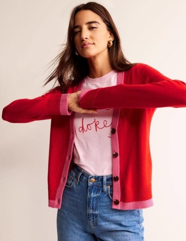 Boden Alma Contrast Trim Cardigan in Flame Scarlett, Sangria Sunset – red and pink trimmed cardigans