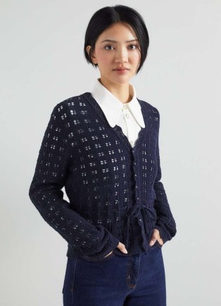 L.K. Bennett Amie Navy Organic Cotton Cardigan | open knit drawstring waist cardigans | scalloped edge knitwear - flipped