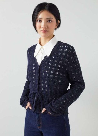 L.K. Bennett Amie Navy Organic Cotton Cardigan | open knit drawstring waist cardigans | scalloped edge knitwear