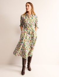 BODEN Amy Cotton Midi Shirt Dress in Ivory, Spring Crop / women’s collared fruit print dresses