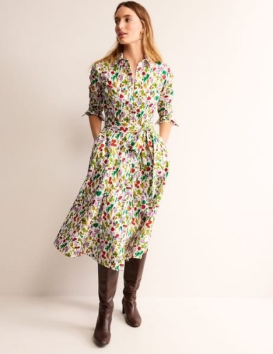 BODEN Amy Cotton Midi Shirt Dress in Ivory, Spring Crop / women’s collared fruit print dresses