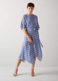 L.K. BENNETT Anni Blue Geometric Print Handkerchief Hem Dress ~ lightweight silky occasion dresses ~ spring / summer 2024 event clothing ~ asymmetric hemline