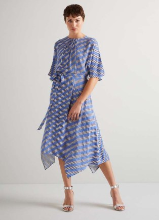 L.K. BENNETT Anni Blue Geometric Print Handkerchief Hem Dress ~ lightweight silky occasion dresses ~ spring / summer 2024 event clothing ~ asymmetric hemline - flipped