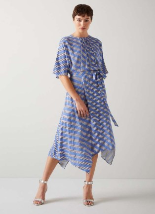 L.K. BENNETT Anni Blue Geometric Print Handkerchief Hem Dress ~ lightweight silky occasion dresses ~ spring / summer 2024 event clothing ~ asymmetric hemline