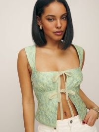 Reformation Azalea Top in Seafoam Floral / fitted green front tie tops / sustainable fashion / luxe deadstock fabric clothing