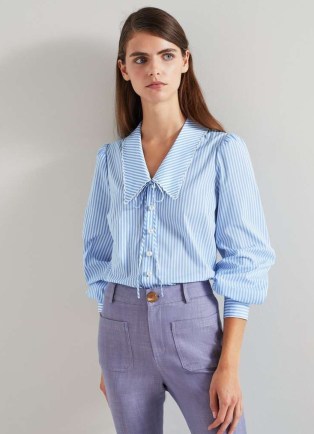 L.K. BENNETT Beecham Blue and White Stripe Cotton-Rich Blouse – striped blouses – fresh stripes for spring 2024 - flipped