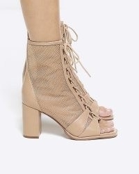 RIVER ISLAND Beige Mesh Lace Up Shoe Boots ~ women’s sheer panel open toe booties