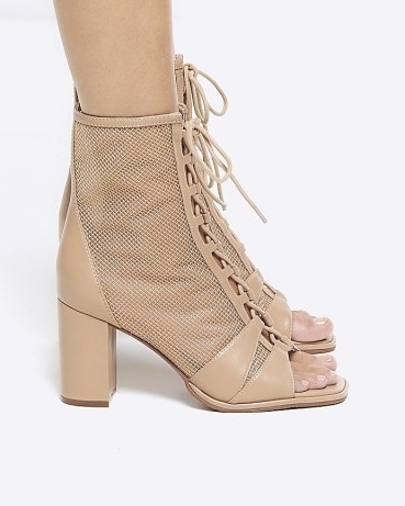 RIVER ISLAND Beige Mesh Lace Up Shoe Boots ~ women’s sheer panel open toe booties
