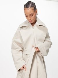 Marie Adam-Leenaerdt Spread collar cotton-blend trench coat in beige ~ women’s contemporary longline coats ~ chic outerwear