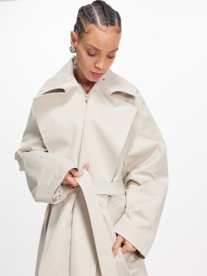 Marie Adam-Leenaerdt Spread collar cotton-blend trench coat in beige ~ women’s contemporary longline coats ~ chic outerwear - flipped