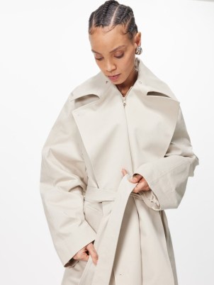 Marie Adam-Leenaerdt Spread collar cotton-blend trench coat in beige ~ women’s contemporary longline coats ~ chic outerwear