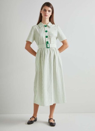 L.K. Bennett Bextor Cream And Green Stripe Italian Viscose-Cotton Dress | luxury short sleeve belted retro style dresses | vintage inspired fashion - flipped
