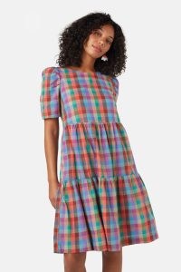 gorman Bibe Smock Dress in Check – women’s checked short sleeve tiered hem dresses – womens organic cotton fashion
