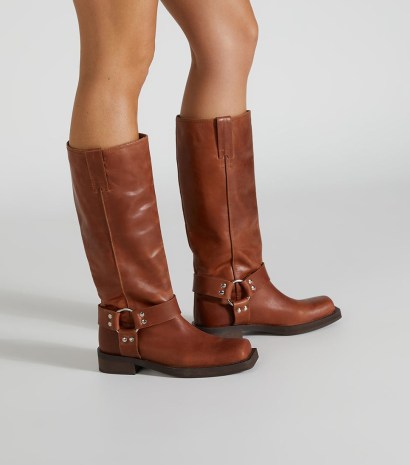 TONY BIANCO Biker Cognac Calf Boots – women’s brown leather strap detail boot - flipped