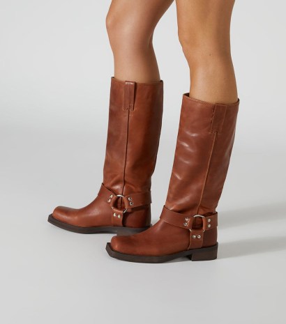 TONY BIANCO Biker Cognac Calf Boots – women’s brown leather strap detail boot
