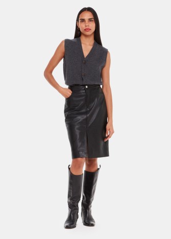WHISTLES Leather Front Split Midi Skirt in Black ~ straight slit hen skirts ~ women’s luxe fashion - flipped