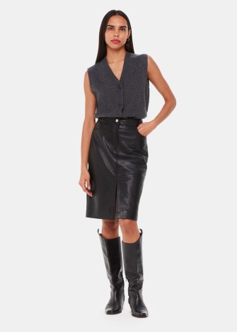 WHISTLES Leather Front Split Midi Skirt in Black ~ straight slit hen skirts ~ women’s luxe fashion