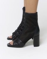 RIVER ISLAND Black Mesh Lace Up Shoe Boots ~ open toe block heel bootie ~ peeptoe booties