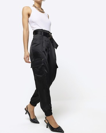 RIVER ISLAND Black Satin Belted Paperbag Trousers ~ women’s cuffed cargo pants ~ silky luxe style utility fashion - flipped