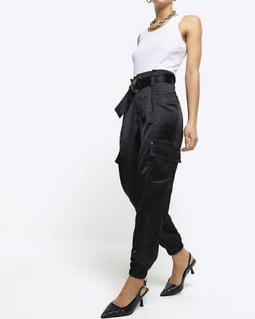 RIVER ISLAND Black Satin Belted Paperbag Trousers ~ women’s cuffed cargo pants ~ silky luxe style utility fashion