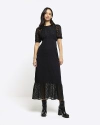 RIVER ISLAND Black Satin Textured Skater Midi Dress ~ semi sheer tiered hem dresses