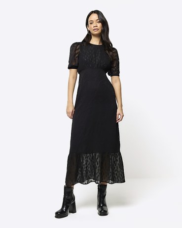 RIVER ISLAND Black Satin Textured Skater Midi Dress ~ semi sheer tiered hem dresses - flipped