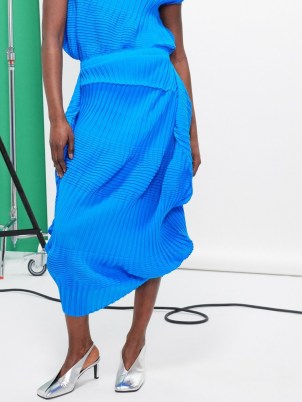 Issey Miyake Blue asymmetric pleated-jersey midi skirt ~ women’s asymmetrical skirts - flipped