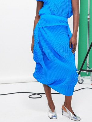 Issey Miyake Blue asymmetric pleated-jersey midi skirt ~ women’s asymmetrical skirts