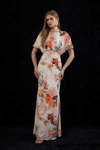 KAREN MILLEN x Katarzyna Mrożewska Blurred Floral Woven Column Angel Sleeve Maxi Dress / elegant long length occasion dresses