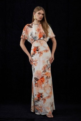 KAREN MILLEN x Katarzyna Mrożewska Blurred Floral Woven Column Angel Sleeve Maxi Dress / elegant long length occasion dresses - flipped