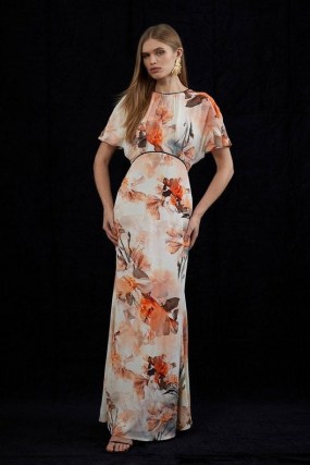 KAREN MILLEN x Katarzyna Mrożewska Blurred Floral Woven Column Angel Sleeve Maxi Dress / elegant long length occasion dresses