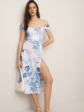 Bridgton Linen Dress in Verna / chic floral bardot midi dresses / off the shoulder summer fashion