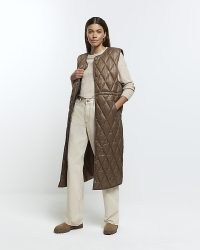 RIVER ISLAND Brown Quilted Longline Gilet ~ women’s sleeveless long length jackets ~ womens padded gilets