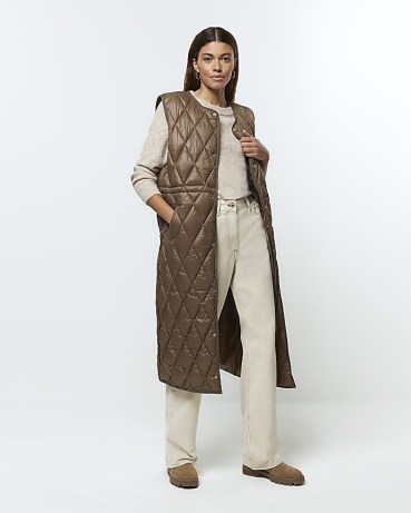 RIVER ISLAND Brown Quilted Longline Gilet ~ women’s sleeveless long length jackets ~ womens padded gilets - flipped