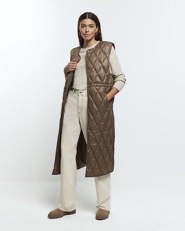 RIVER ISLAND Brown Quilted Longline Gilet ~ women’s sleeveless long length jackets ~ womens padded gilets