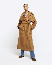 RIVER ISLAND Brown Suedette Belted Trench Coat ~ women’s faux suede longline coats