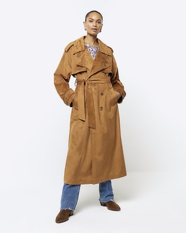 RIVER ISLAND Brown Suedette Belted Trench Coat ~ women’s faux suede longline coats - flipped