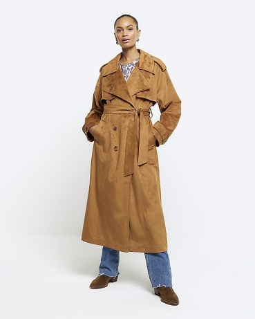 RIVER ISLAND Brown Suedette Belted Trench Coat ~ women’s faux suede longline coats