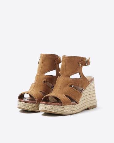 RIVER ISLAND Brown Suedette Cut Out Wedge Sandals ~ faux suede wedges for spring / summer 2024 - flipped